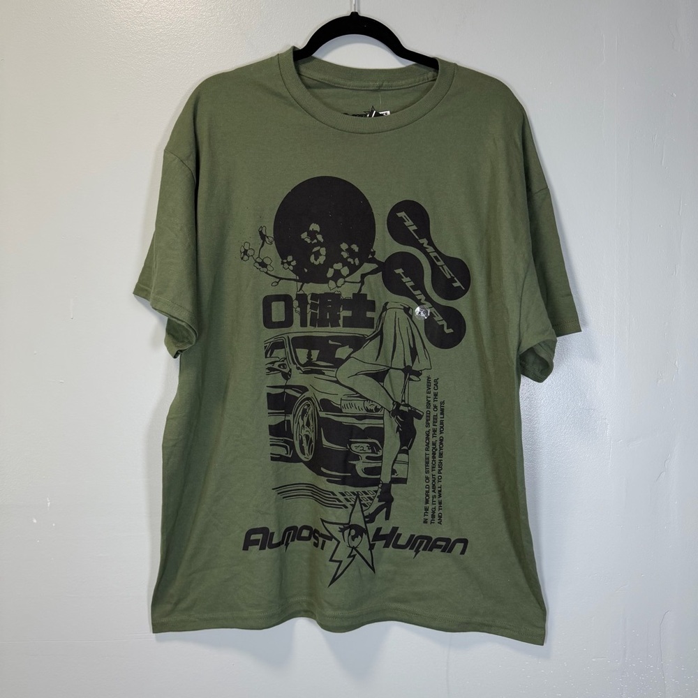 Almost Human Street Race Graphic‎ Military Green T-Shirt Size XL